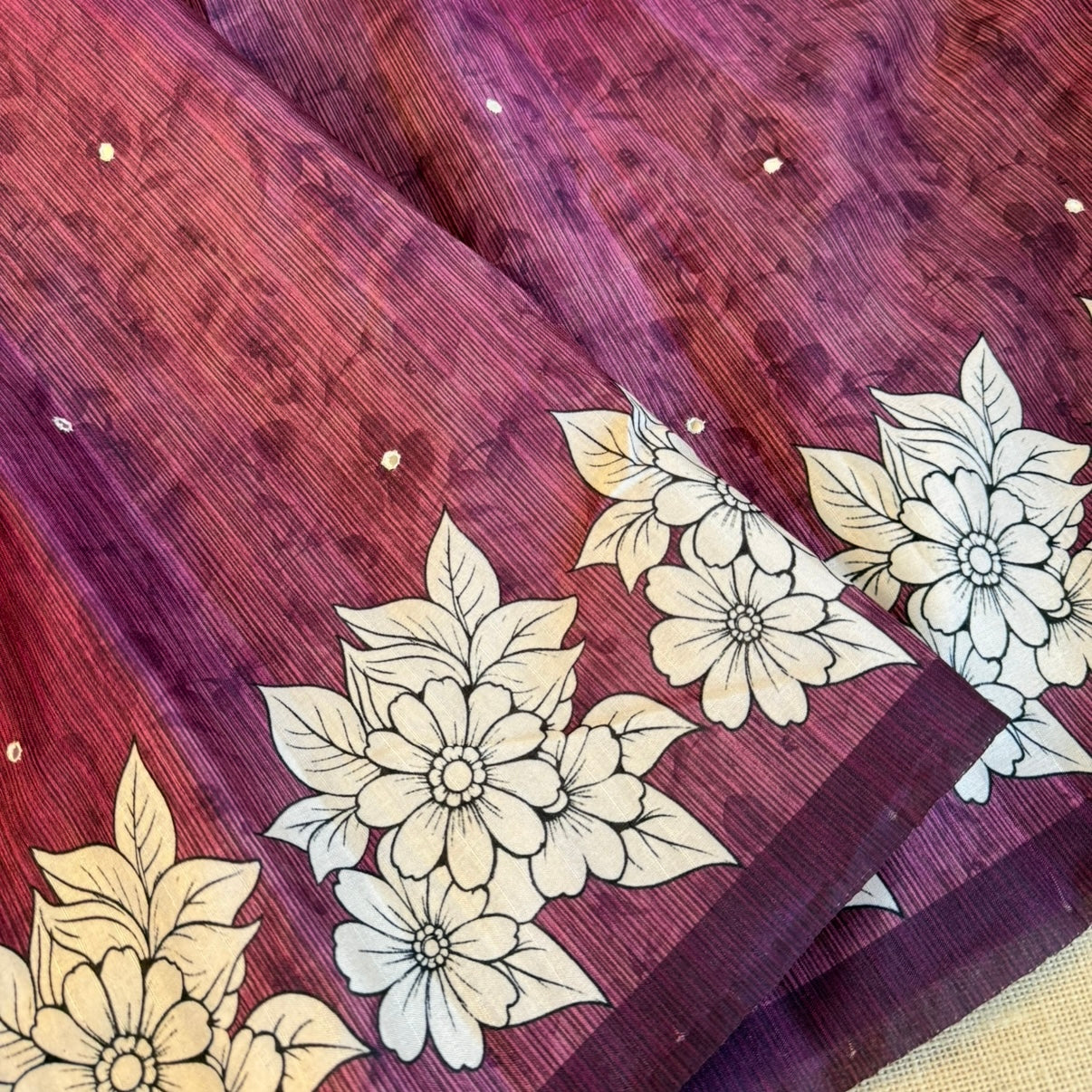 Wine Floral Semi Tussar Saree
