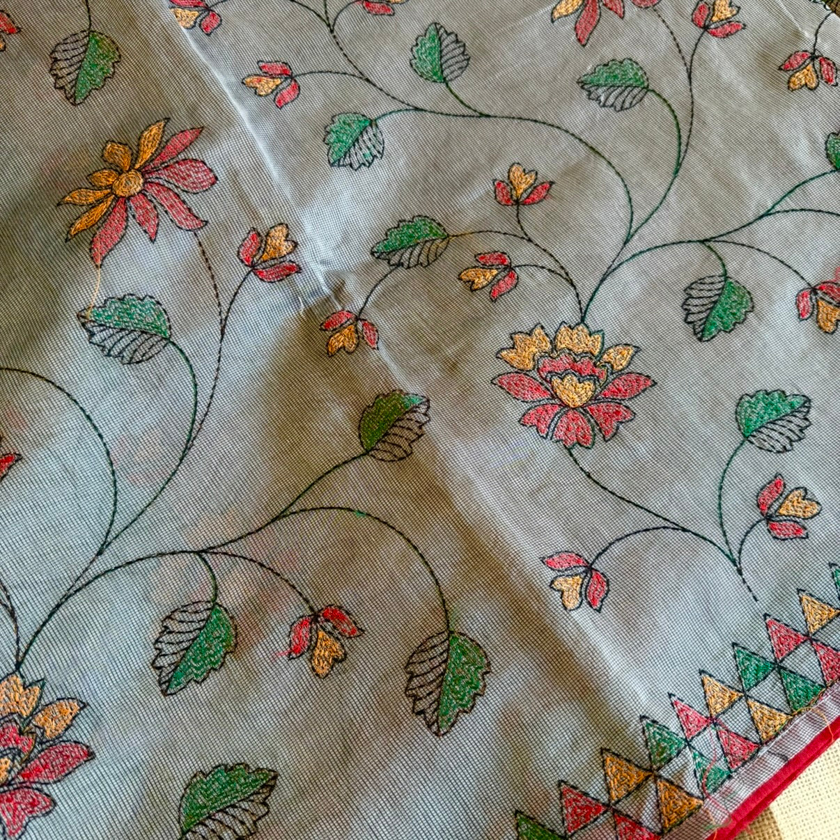 Grey Kota Floral Embroidery Saree