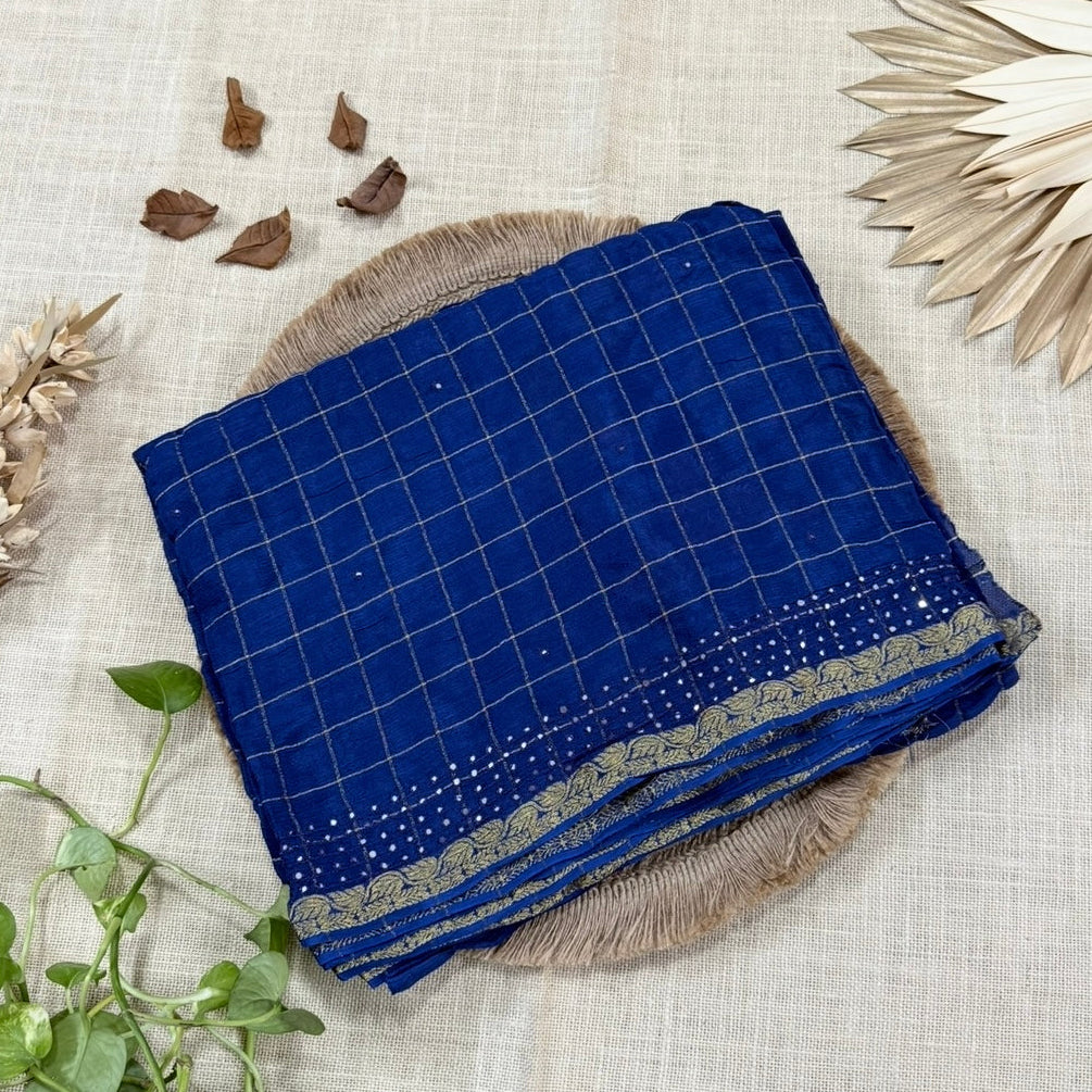 Blue Zari Checks Mirror Chinnon Silk Saree 