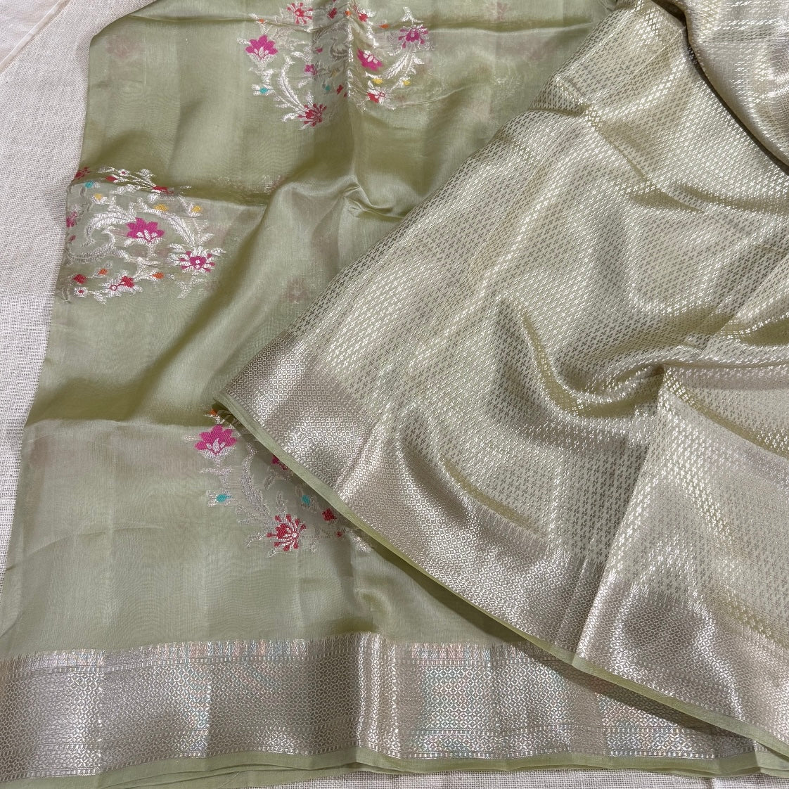 Olive Floral Kora Silk Saree
