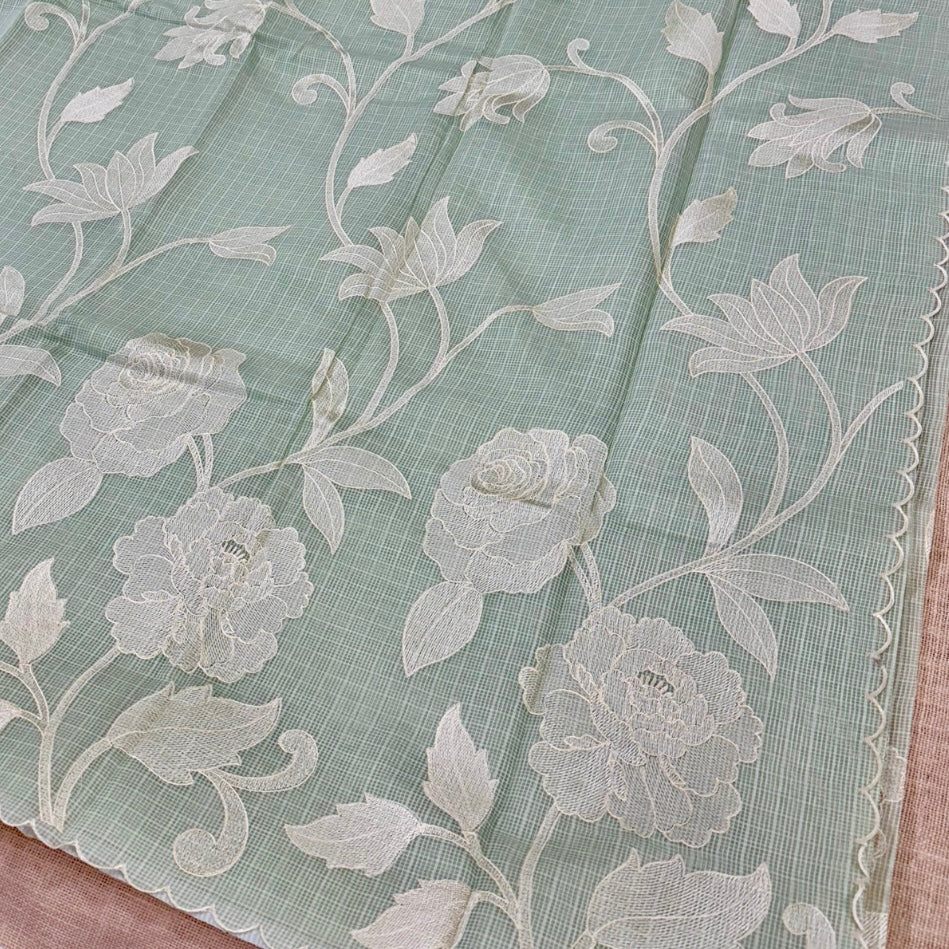 Pista Green Kota Embroidery Saree Scallop borders 