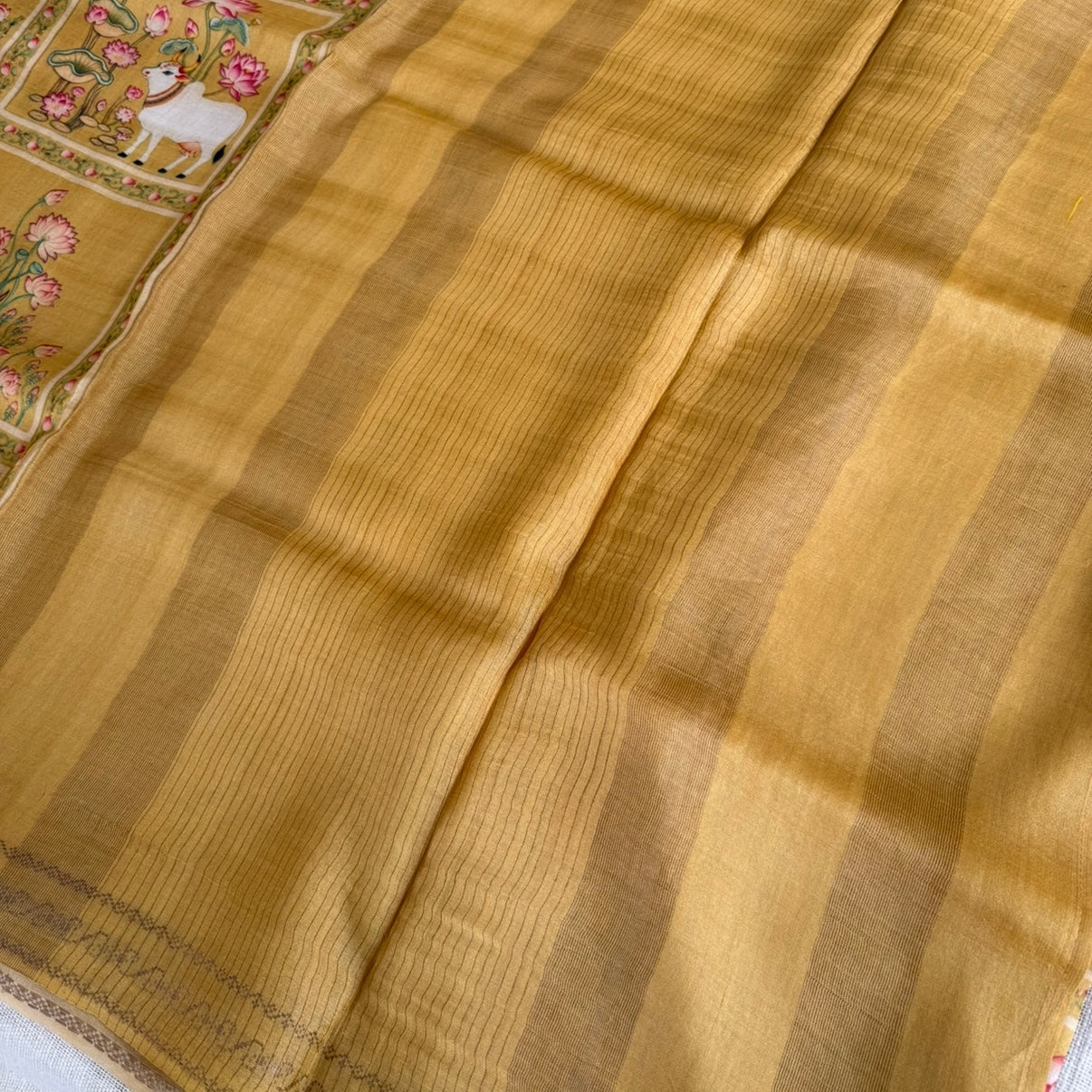 Mustard Yellow Pichwai Printed Pure Tussar Silk