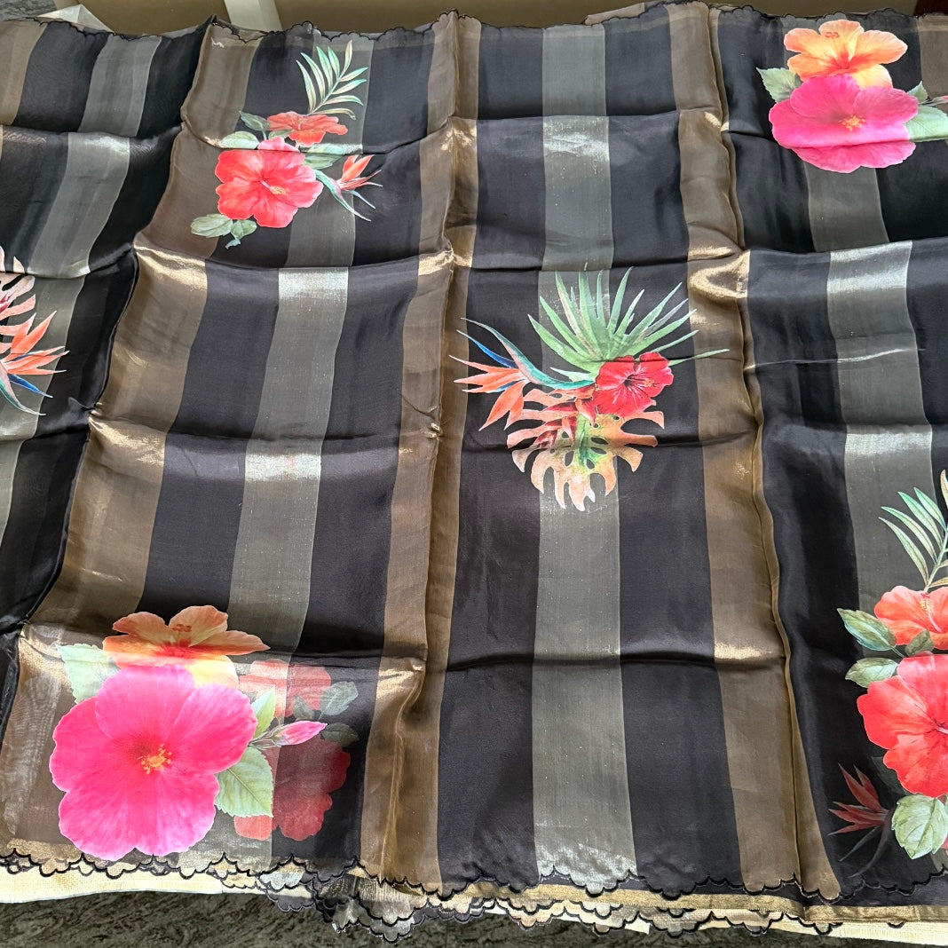 Eternal Black Gold Stripes Floral Pure Tissue Organza Saree