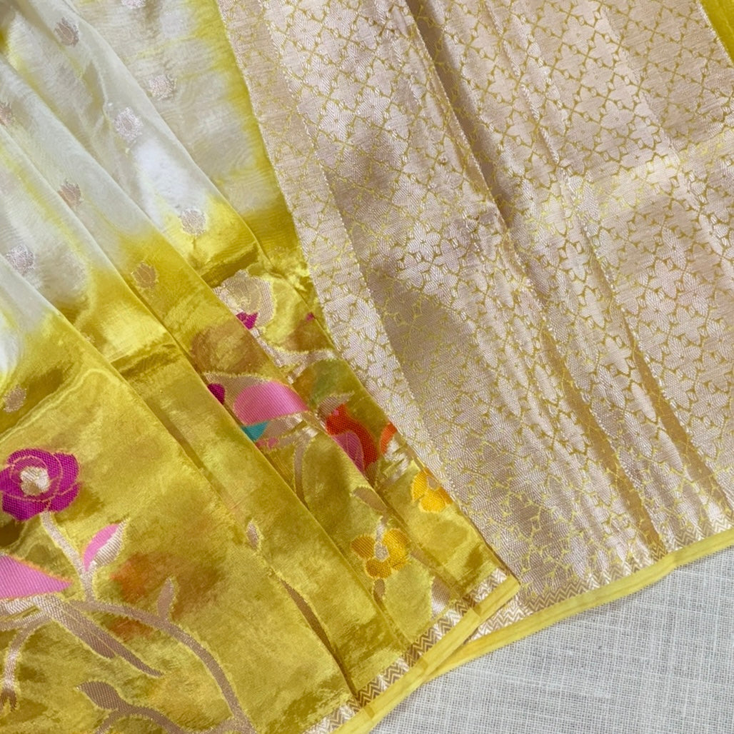 Yellow Off White Floral Paper Silk Saree