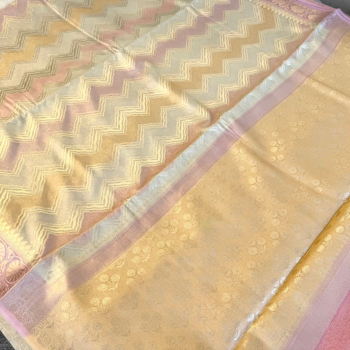 Pink Zigzag Floral Soft Tissue Silk Saree