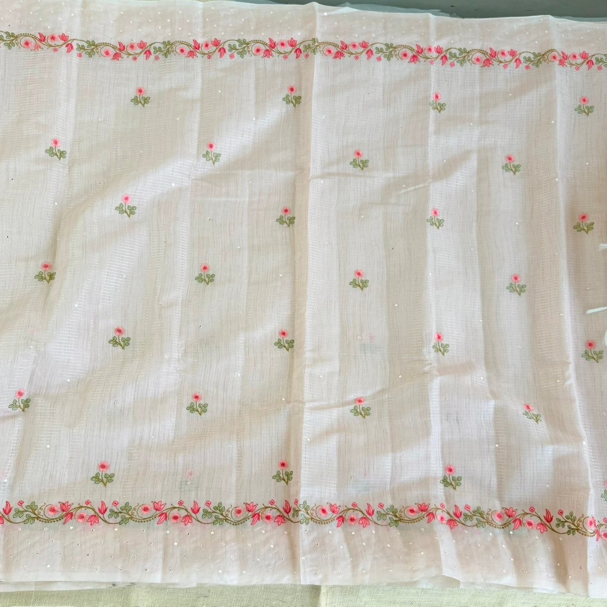 White Floral Embroidery Linen Mirror Saree