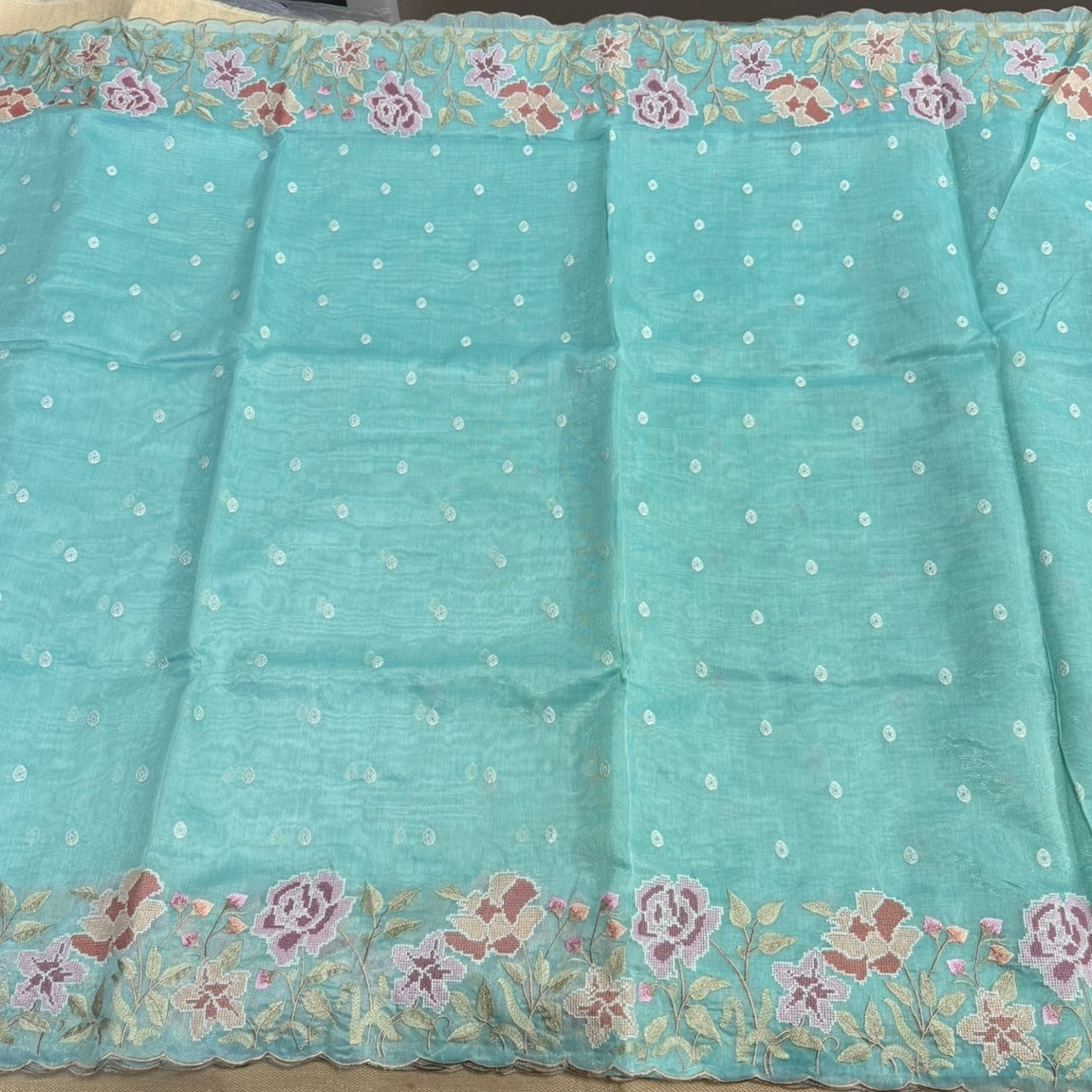 Sea green Floral Shimmer Tussar Saree