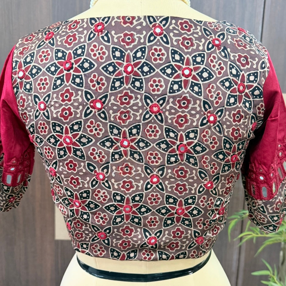 Earthy Beige with Maroon Ajrakh Modal Mirror Embroidery Blouse