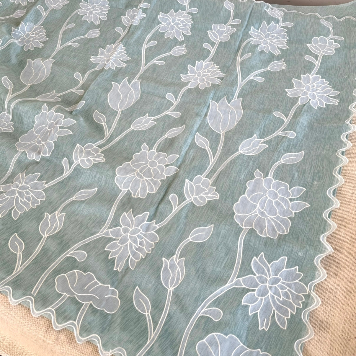 Pastel Green Linen Organza Appliqué Saree