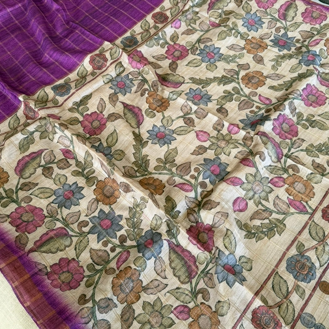 Magenta Checks Kalamkari Semi Tussar Saree