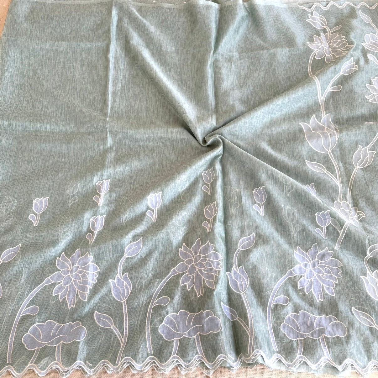 Pastel Green Linen Organza Appliqué Saree