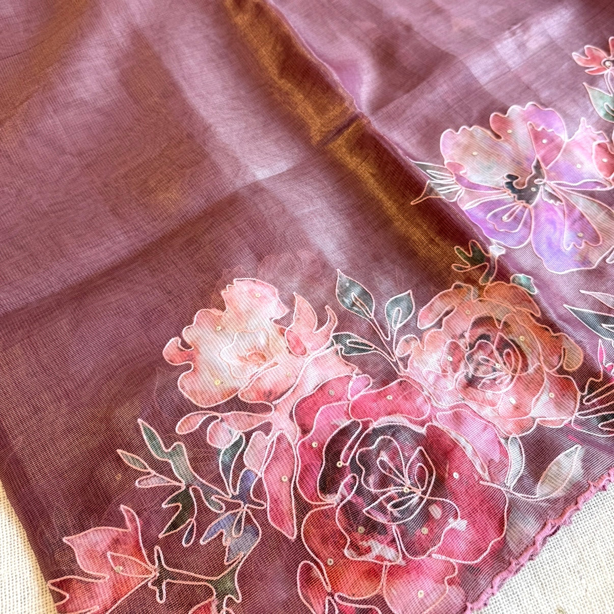 Dusty Mauve Floral Tissue Embroidery Fancy Tussar Saree
