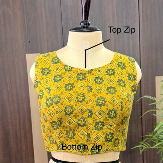 Mustard Ajrakh Printed Cotton Stitched Blouse