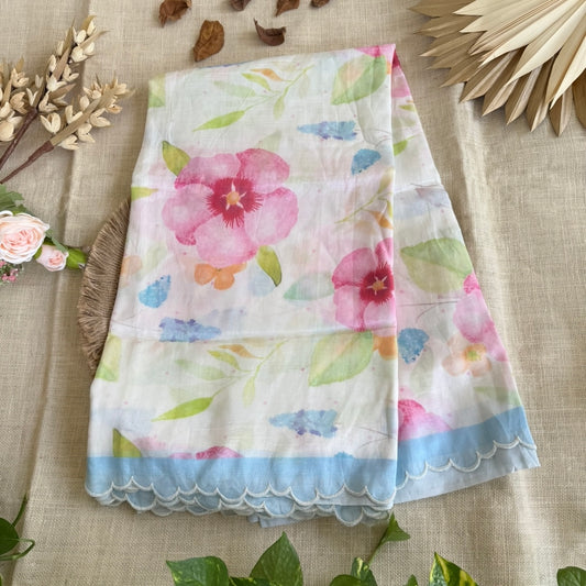 White Watercolour Florals Pure Mangalagiri Silk Saree