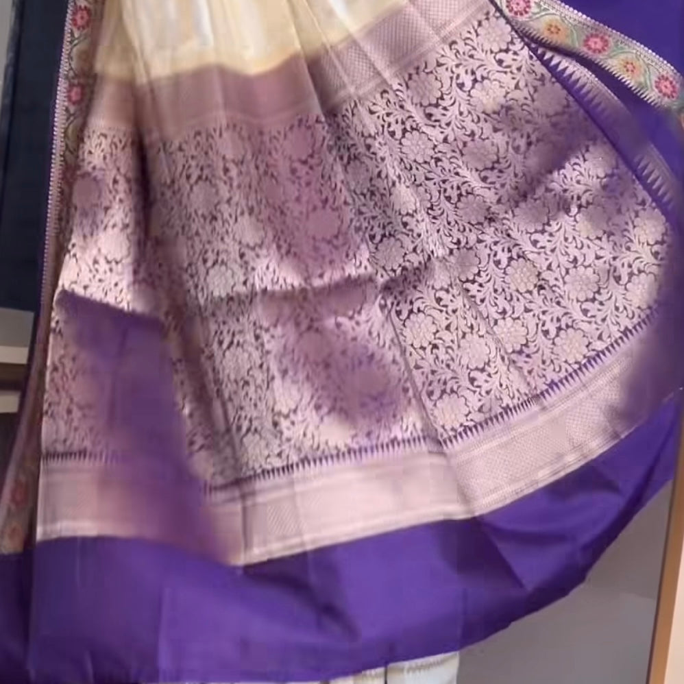 Off White Banarasi Stripes Semi Silk