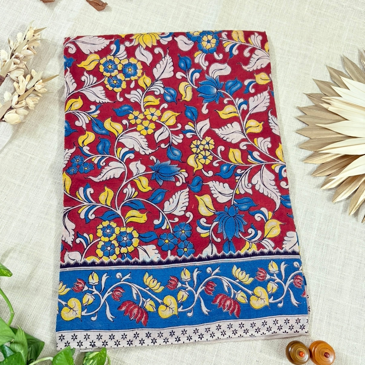 Red with Blue Floral Kalamkari Cotton Saree