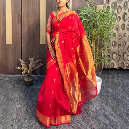 Red Lotus Butta Maheshwari Silk Cotton Saree