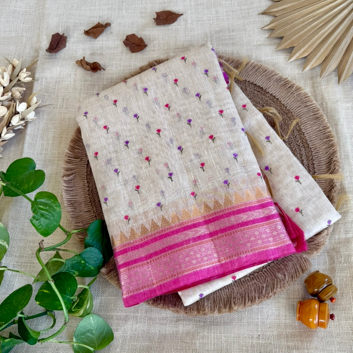 Beige Pink Lilac Floral Embroidery Linen Saree