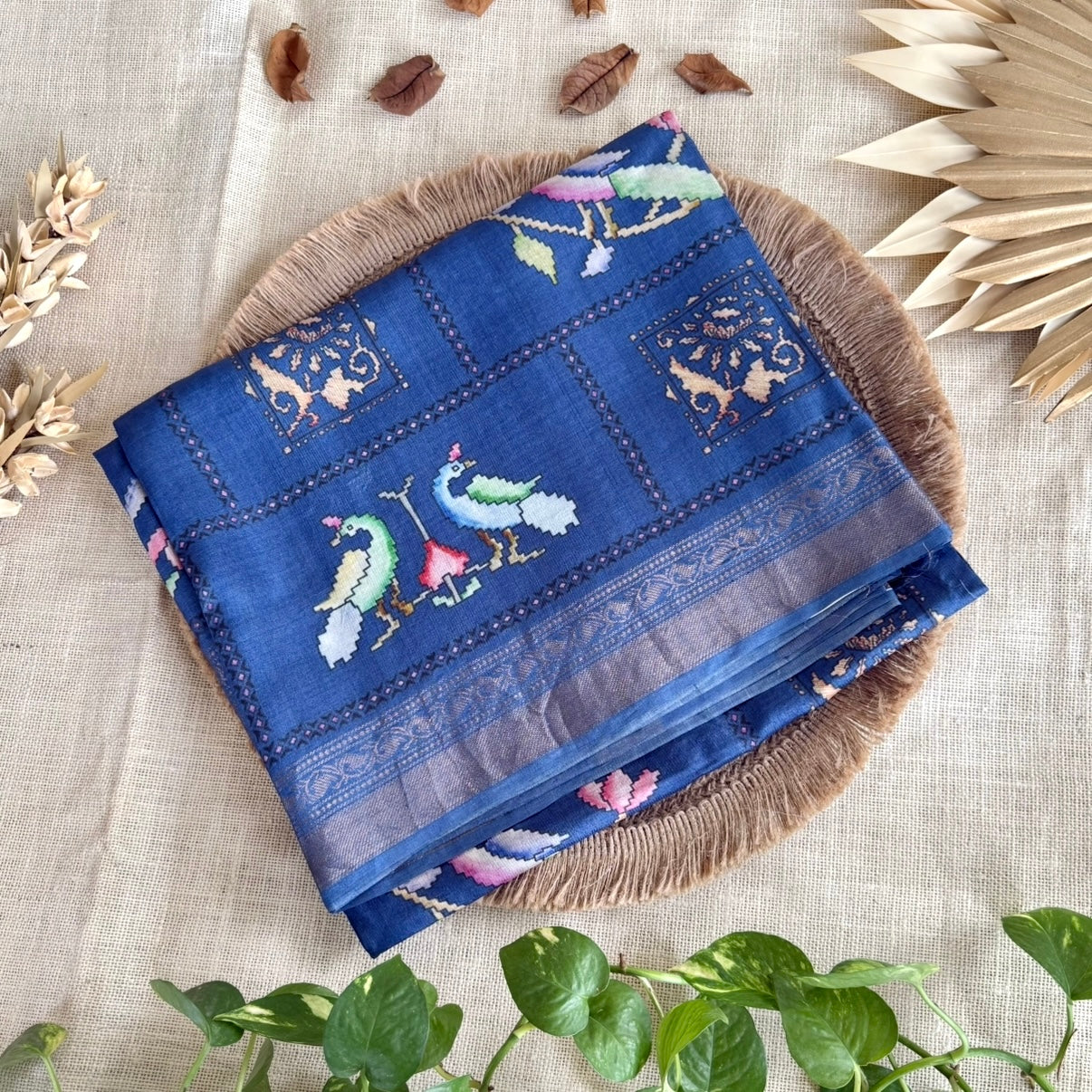 Dark Blue Digital Printed Pure Tussar Silk