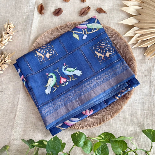 Dark Blue Digital Printed Pure Tussar Silk