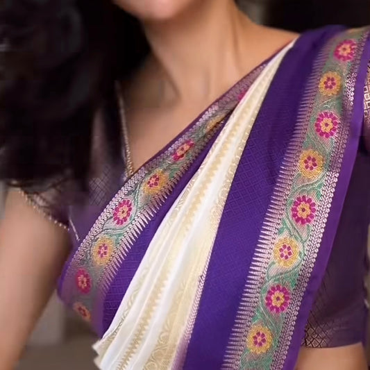 Off White Banarasi Stripes Semi Silk