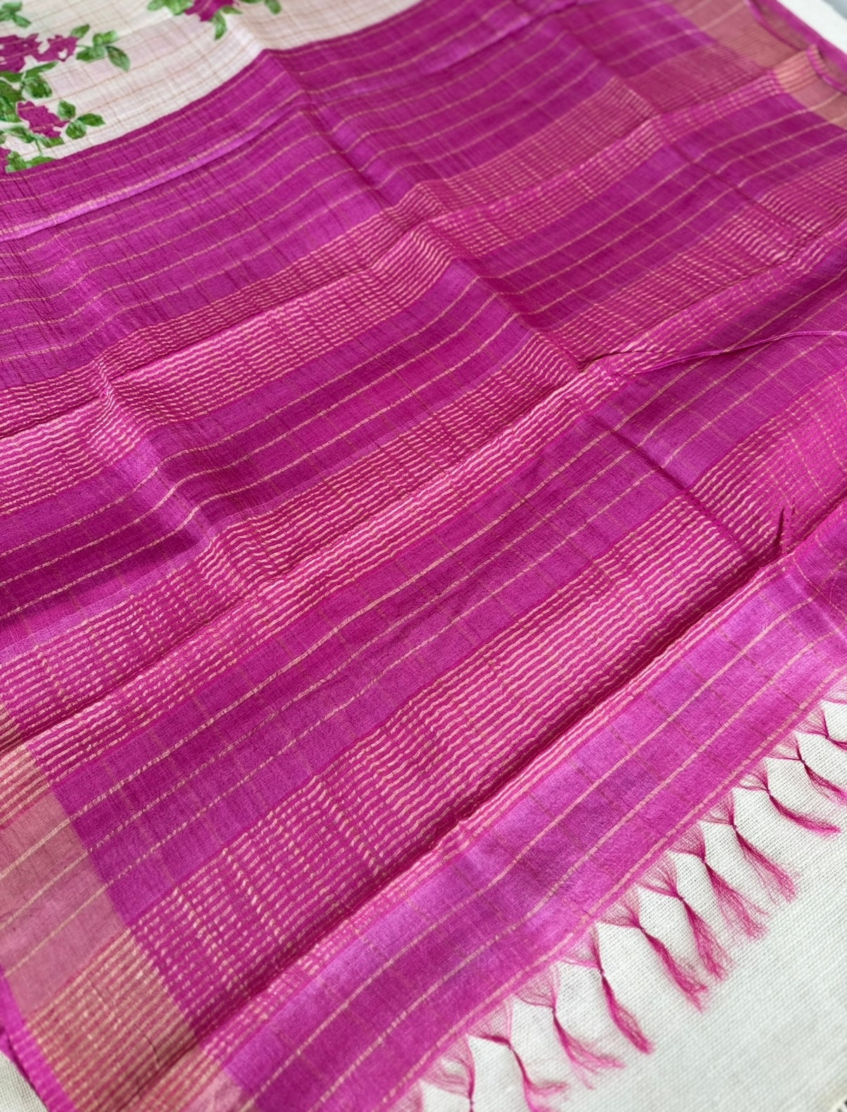 Beige Zari Checks Floral Pure Tussar Silk Saree