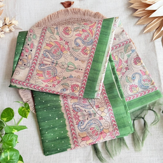 Mehandi Green Madhubani Semi Tussar Saree