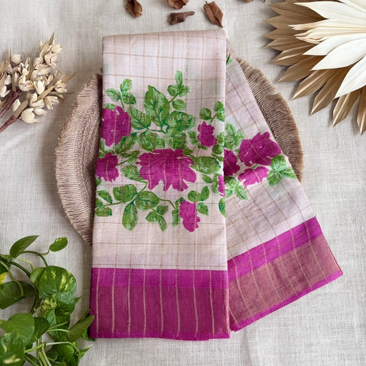 Beige Zari Checks with Floral Printed Pure Tussar Silk Saree