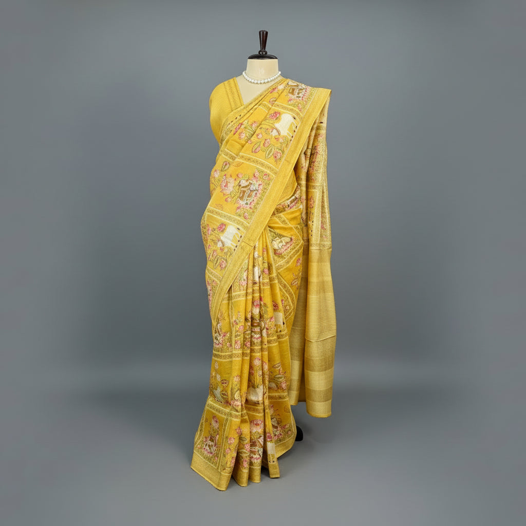 Mustard Yellow Pichwai Pure Tussar Silk