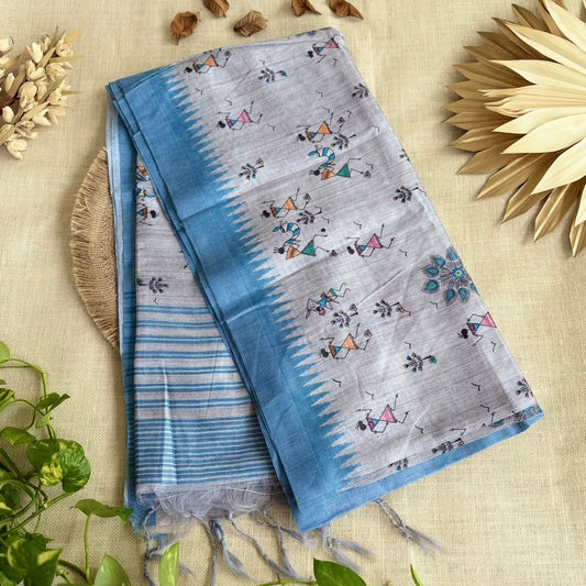 Light Blue Warli Print Semi Tussar Saree