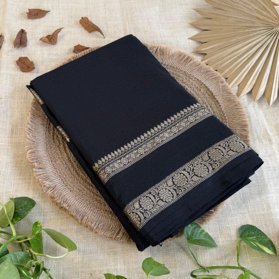 Black Plain Raw Silk Saree Checked Blouse