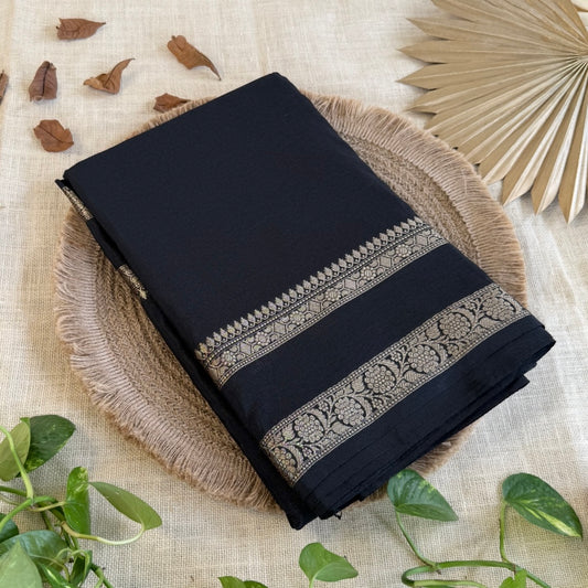 Black Plain Raw Silk Saree Checked Blouse
