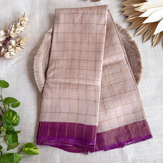 Beige Zari Checked Pure Tussar Silk Saree