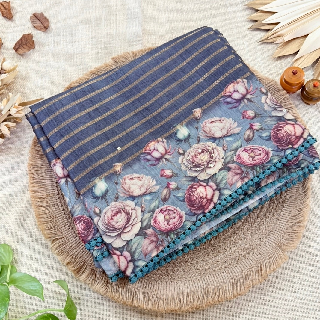 Dusty Denim Floral Fancy Saree