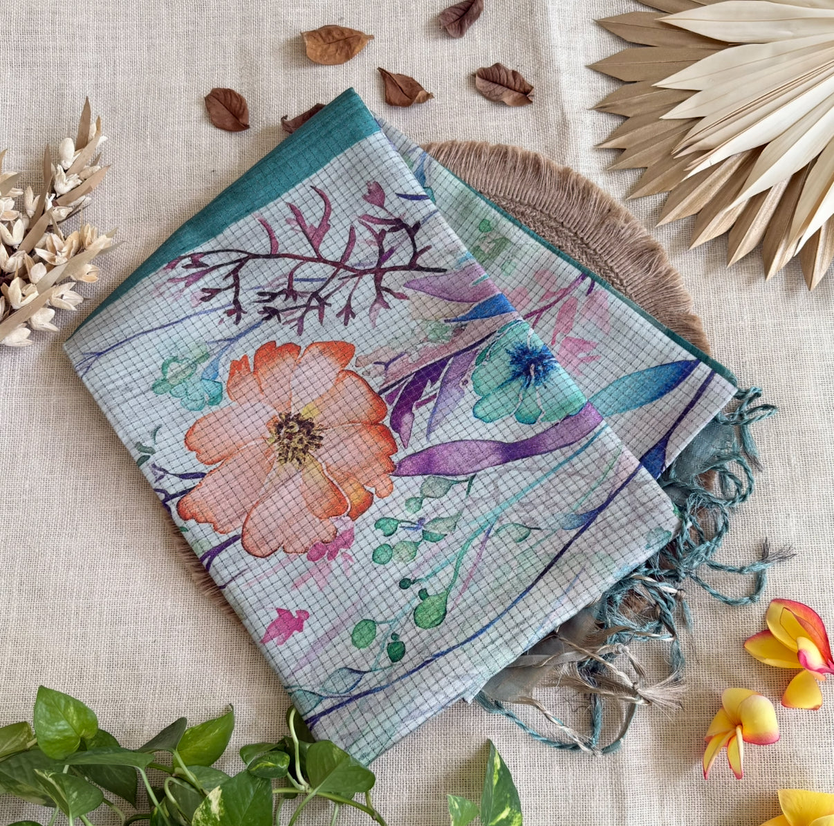 Turquoise Floral Kota Checks Tussar Saree