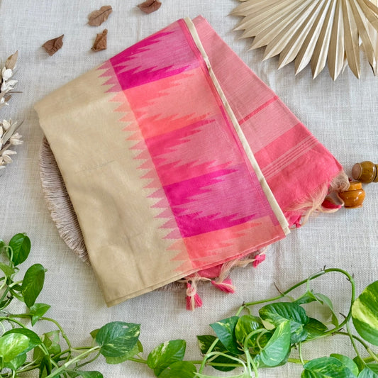 Pink Temple Border Raw Silk Saree