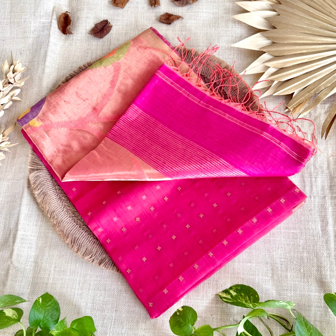 Pink Pure Muslin Sequin Paithani Pallu Saree