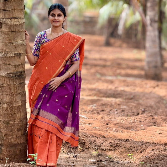 Orange with Purple Maheshwari cotton saree