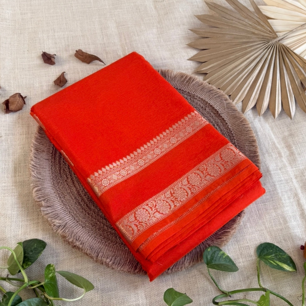 nt Orange Plain Raw Silk Saree Checked Blouse