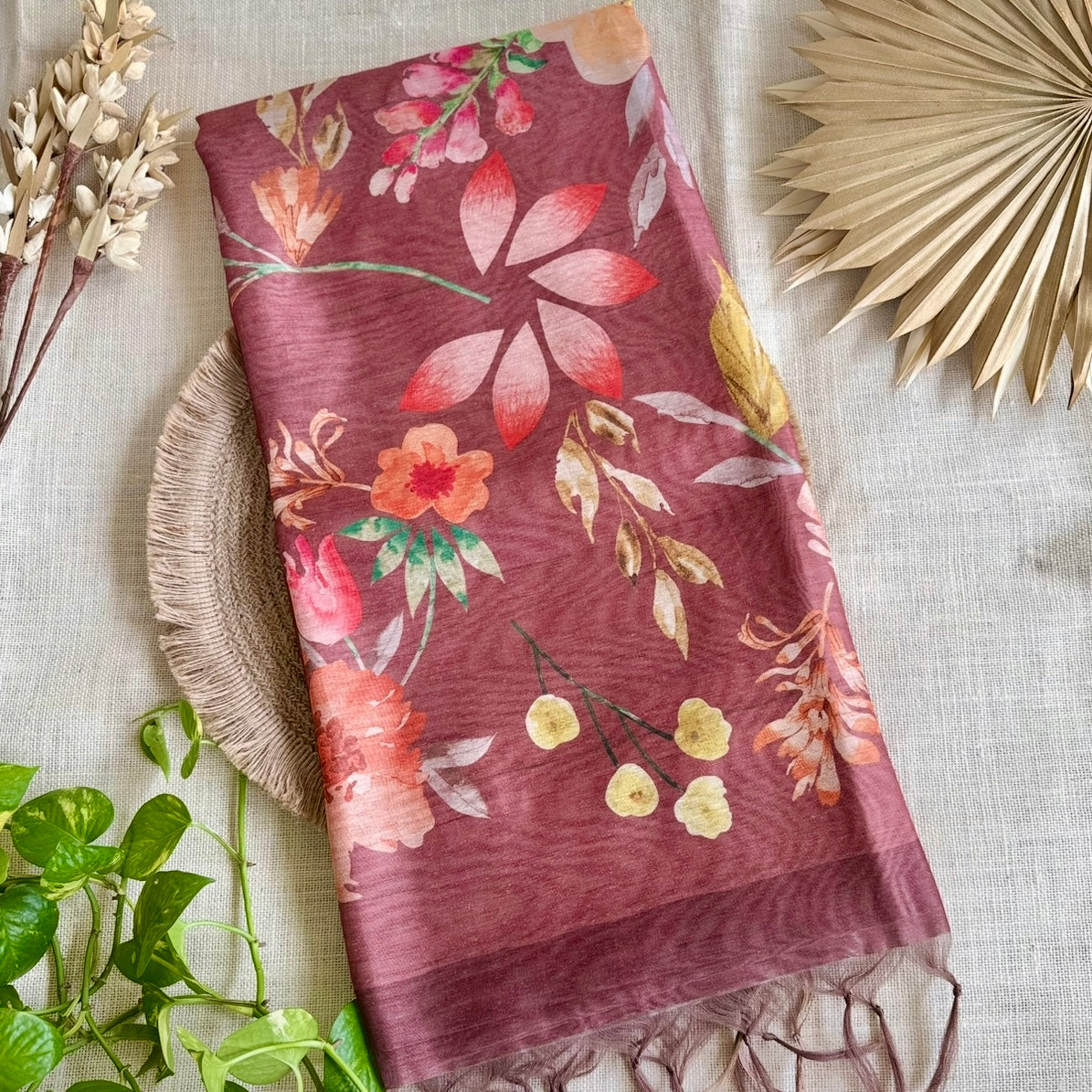 Dark Brown Chanderi Floral Print Saree