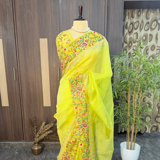 Lemon Green Pure Tissue Petit Embroidery Saree