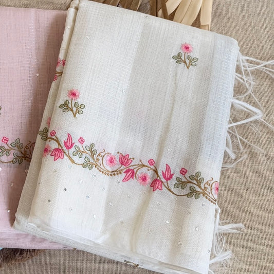 White Floral Embroidery Linen Mirror Saree
