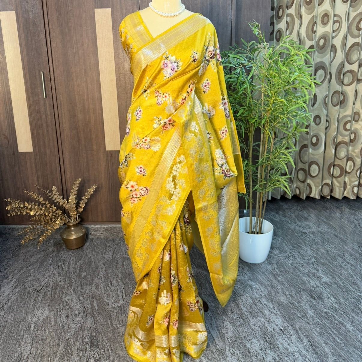 Mustard Floral Digital Raw Mango Silk Saree