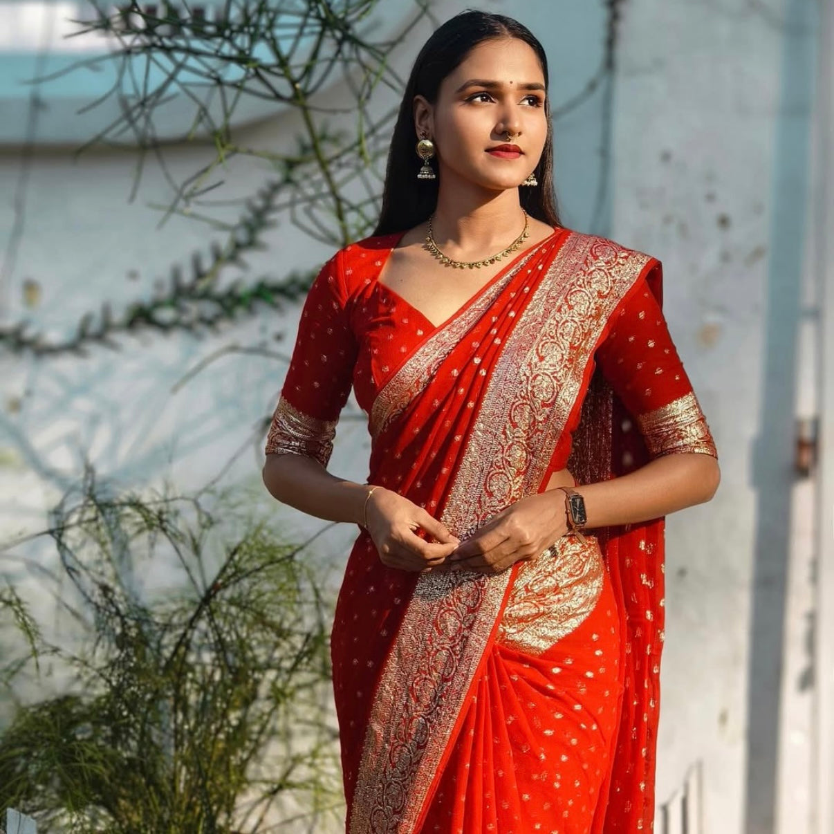 Red Viscose Georgette Saree