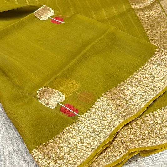 Mehendi Green Pure Kora Silk Saree