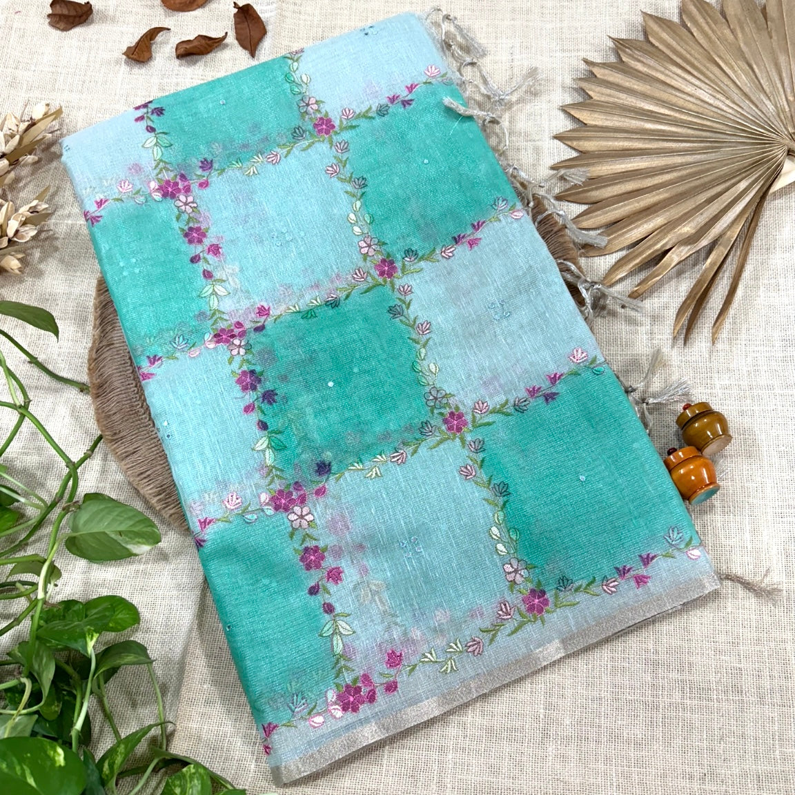 Teal Green Floral Embroidery Tissue Linen Saree