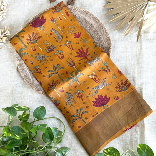 Mustard Yellow With Cheetahs Pure Tussar Silk Saree