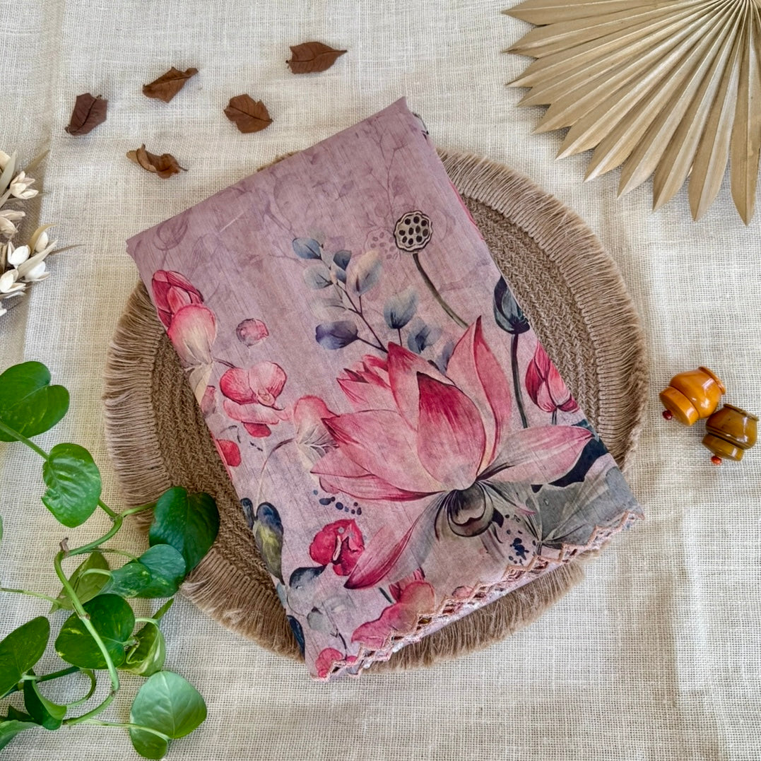 Onion Pink Floral Semi Tussar Saree