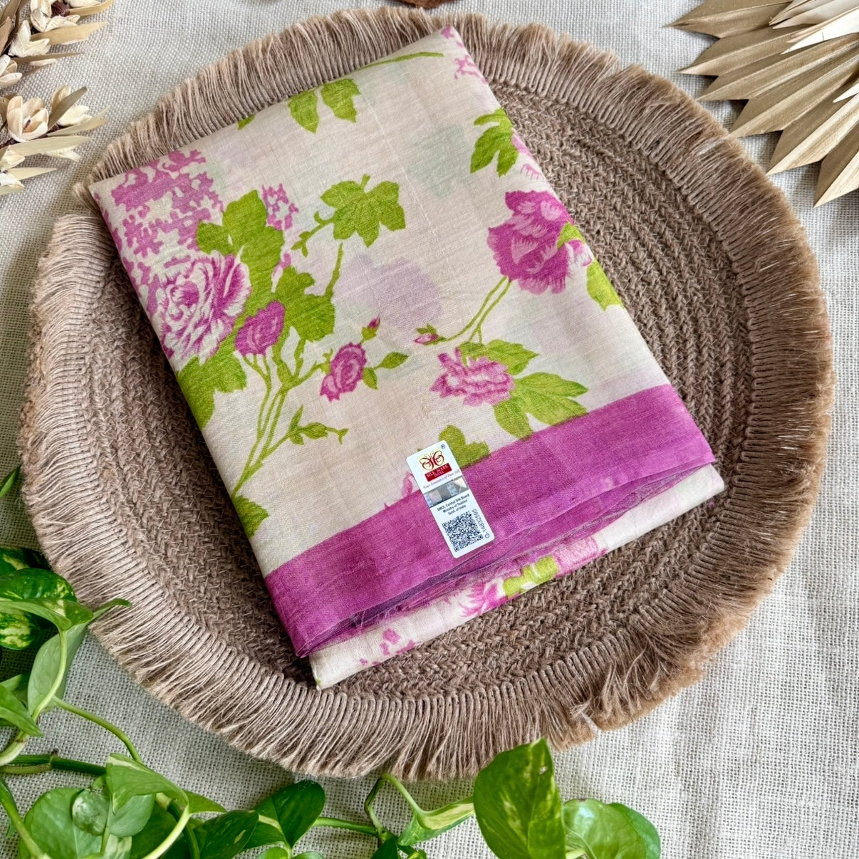 Pink Floral Pure Tussar Silk Saree