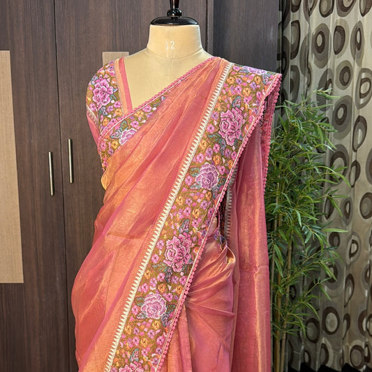 Pink Pure Tissue Petit Embroidery Saree